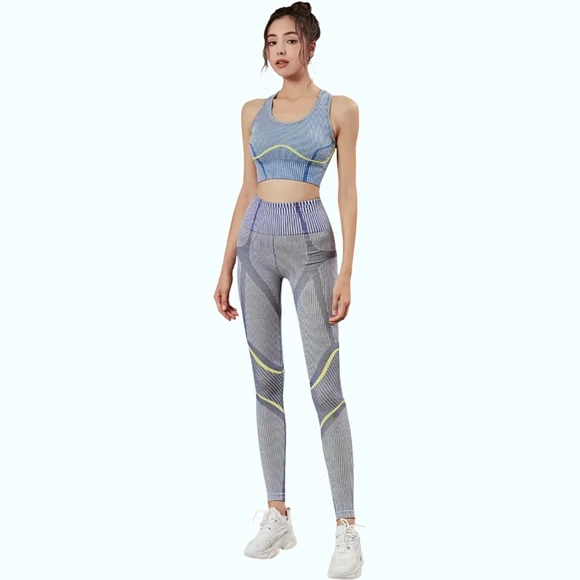 Seamless Striped Blue & Yellow Ribbed Racerback Sports Bra - Picture 3 of 6